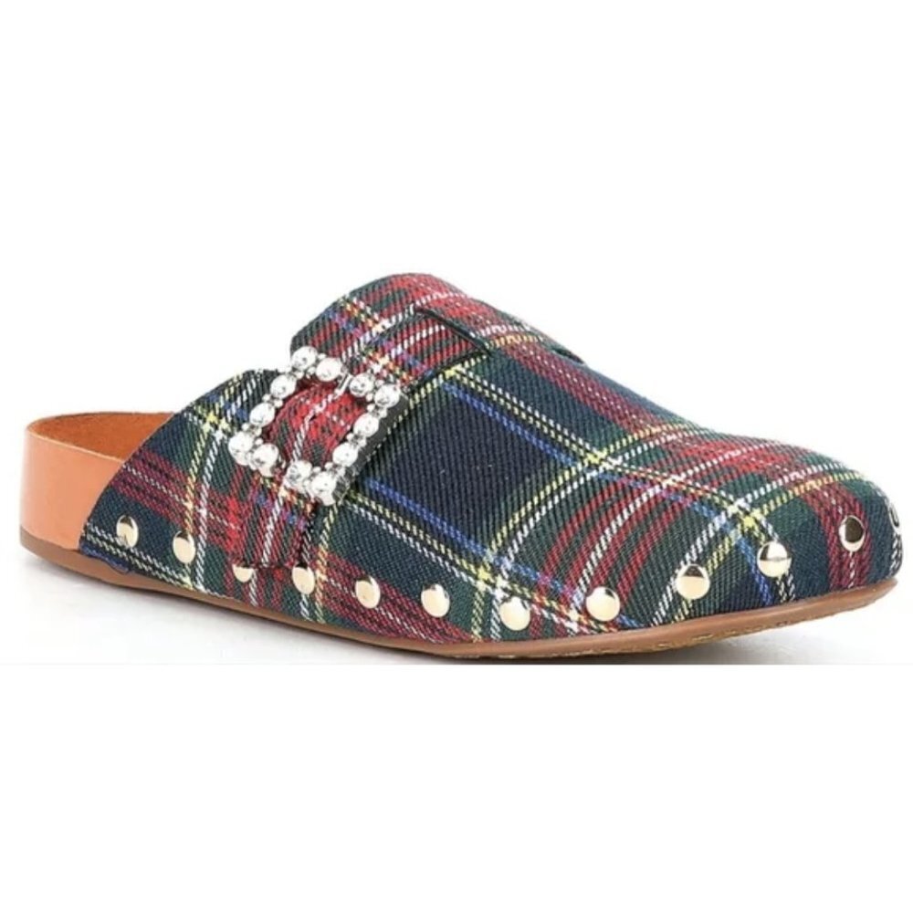 Gianni Bini GB Slip On Tartan Plaid Rhinestone Buckle Mule Clogs Sz. 5.5 NEW - Picture 1 of 5
